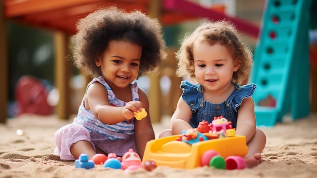 Foto di bambini felici che giocano con blocchi e giocattoli