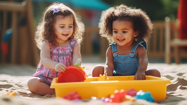 Foto di bambini felici che giocano con blocchi e giocattoli