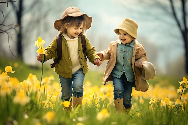 Foto di bambini gioiosi che giocano in un campo primaverile