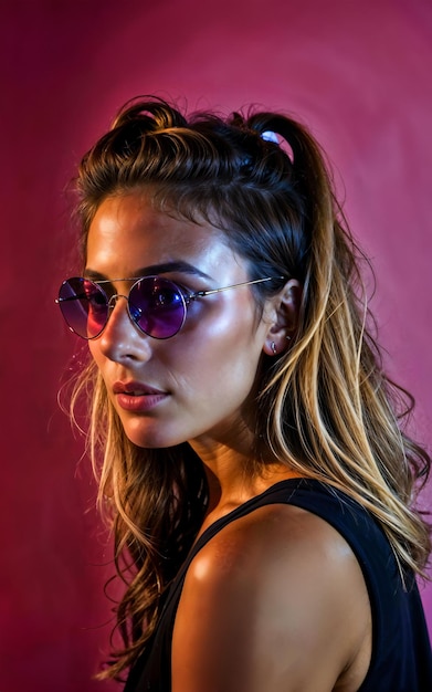 foto di bella donna con illuminazione rossa e rosa e sfondo AI generativa