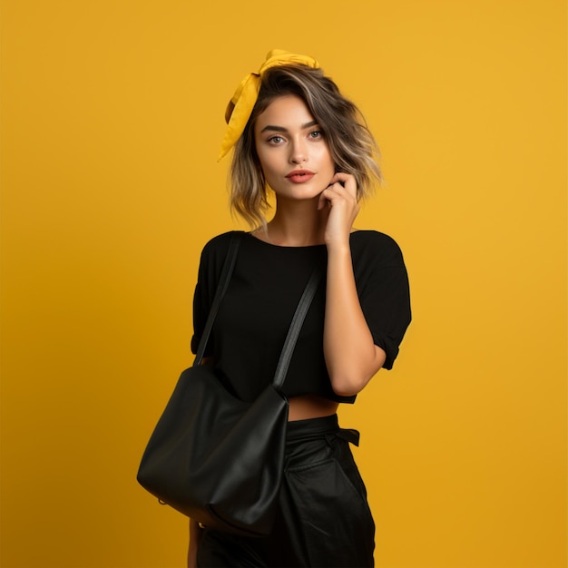foto di bella donna in borsa nera su sfondo giallo