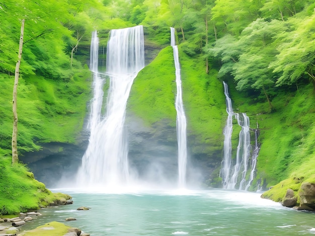 Foto di bellissime cascate nella foresta verde sul pendio roccioso