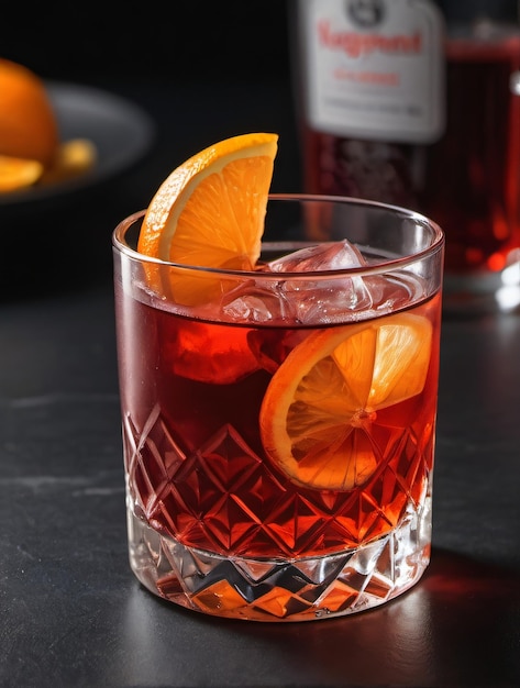 Foto di bicchiere di gustoso cocktail alcolico Negroni con fetta di arancia