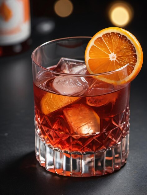 Foto di bicchiere di gustoso cocktail alcolico Negroni con fetta di arancia