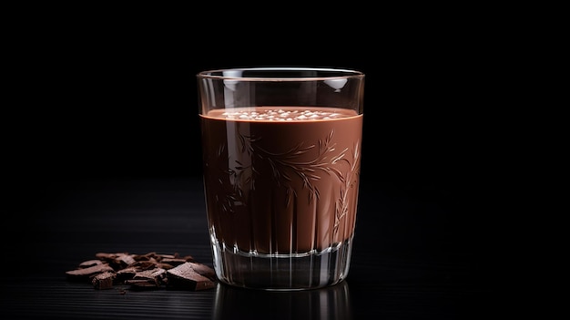 Foto di bicchiere di latte al cioccolato sulla superficie scura