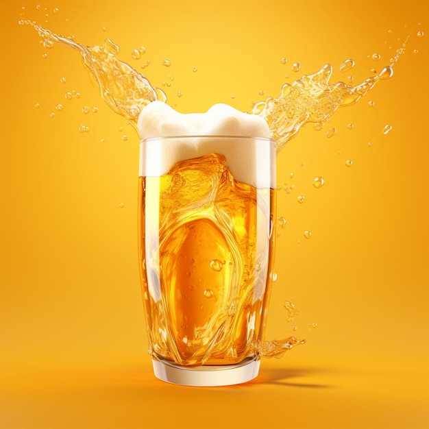 Foto di birra galleggiante fresca isolata su sfondo giallo Bevanda di birra fresca rendering 3D