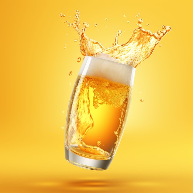 Foto di birra galleggiante fresca isolata su sfondo giallo Bevanda di birra fresca rendering 3D