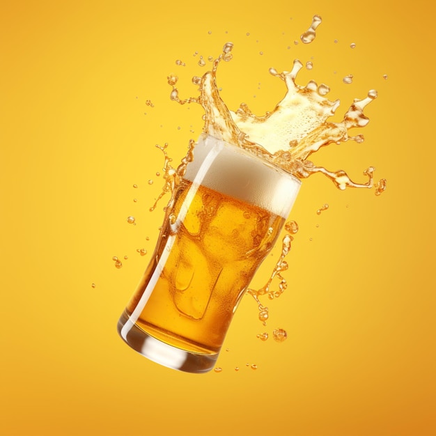 Foto di birra galleggiante fresca isolata su sfondo giallo Bevanda di birra fresca rendering 3D