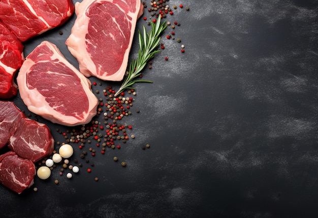 Foto di bistecca di carne alla griglia e condimento di carne cruda