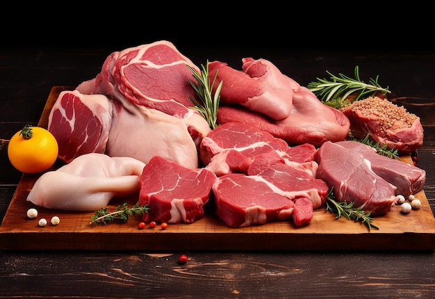 Foto di bistecca di carne alla griglia e condimento di carne cruda