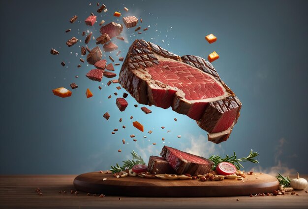 Foto di bistecca di manzo realistica in 3D che cade