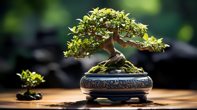 Foto di bonsai in vaso minimalista come pianta domestica per la decorazione domestica su sfondo sfocato