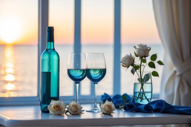 foto di bottiglie di vino blu e rose bianche accanto alla finestra 1