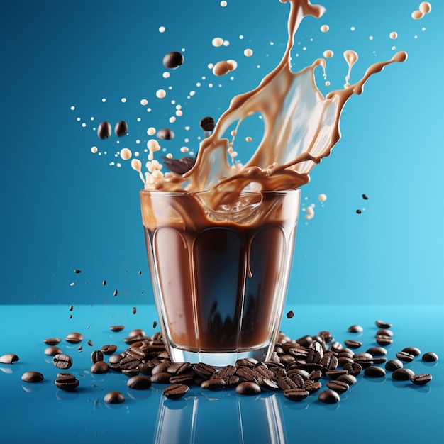 Foto di caffè galleggiante fresco isolato su sfondo blu bevanda di caffè rendering 3D