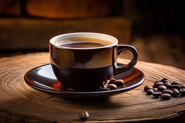 Foto di caffè nero caldo con fresco mattutino su sfondo di legno