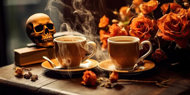 Foto di caffè profumato su un tavolo con zucche e decorazioni per la festa di Halloween Gener