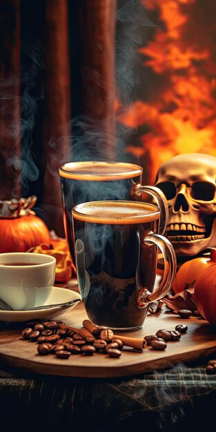 Foto di caffè profumato su un tavolo con zucche e decorazioni per la festa di halloween gener