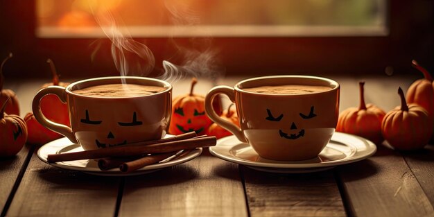 Foto di caffè profumato su un tavolo con zucche e decorazioni per la festa di halloween gener