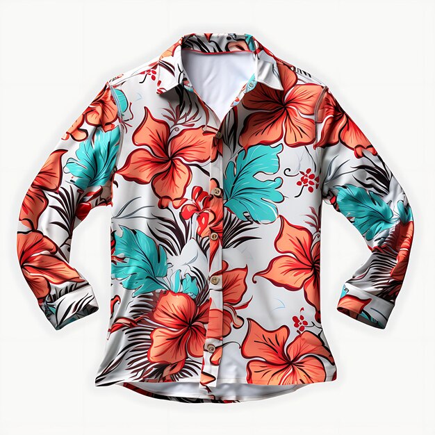 Foto di camicia hawaiana per uomini a maniche corte con flora vibrante vista anteriore pulita BG isolata