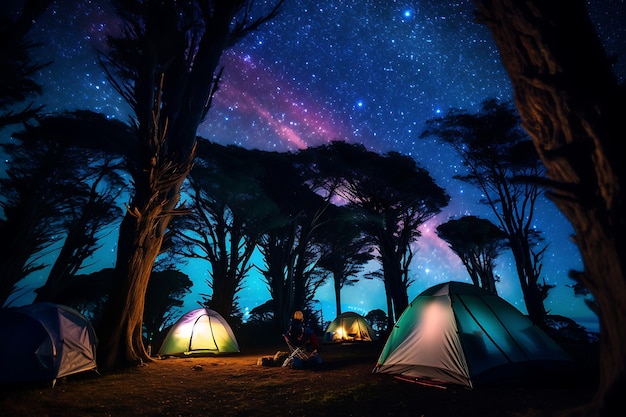 Foto di campeggio con tende da campeggio illuminate dalle stelle sotto una tettoia cosmica