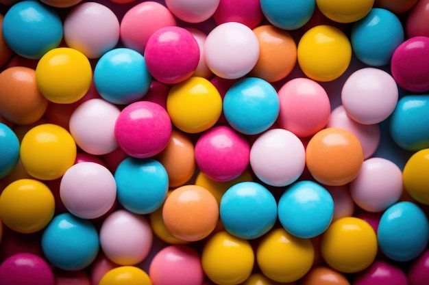 Foto di caramelle colorate brillanti scattate dall'alto verso il basso generate dall'AI