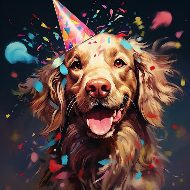 Foto di Celebrating Happy Dog Day per post sui social media Cane che festeggia con il cappello di compleanno