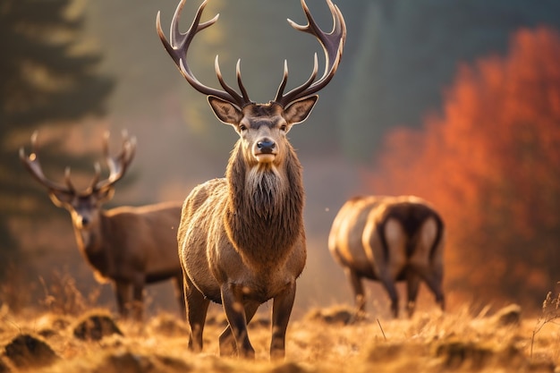 Foto di cervi rossi nell'habitat naturale durante la deer rut fauna selvatica europea