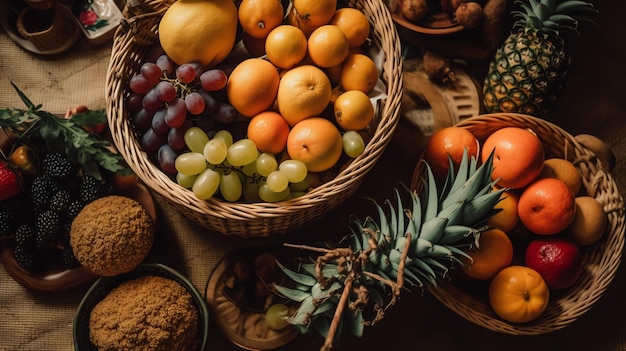 Foto di cesto di frutta pieno di molti tipi di frutta