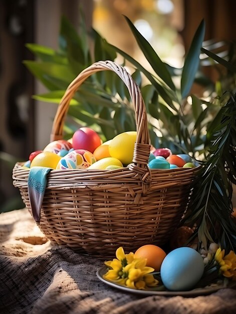 Foto di cesto pasquale a tema israeliano con manufatti tradizionali e palma di Pasqua, arte del Venerdì Santo