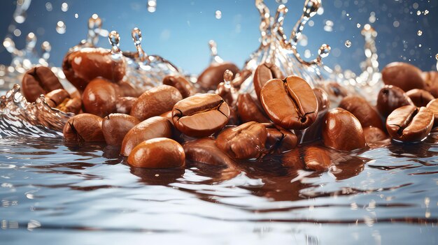 Foto di chicchi di caffè con spruzzi d'acqua su sfondo bianco ai generativo