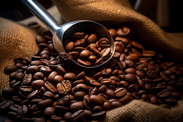 Foto di chicchi di caffè in una borsa di caffè con una pala