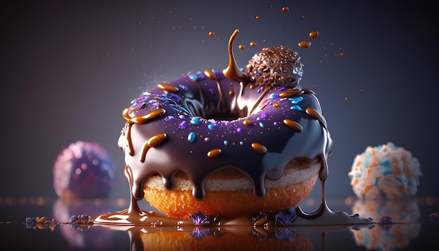 Foto di ciambella con glassa al cioccolato su sfondo scuro rendering 3d