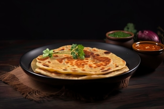 Foto di cibo del piatto di pane paratha su piatto bianco con salsa e foglie sfondo scuro dettagliato