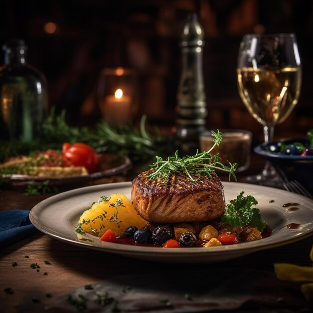 Foto di cibo gourmet su un tavolo in un ristorante Foto realistica
