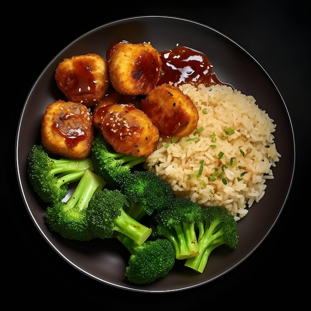 Foto di cibo su un piatto di riso al broccolo e nuggets di pollo