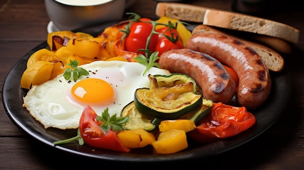 Foto di colazione e cena con salsicce fritte occhio di toro uova zucchine