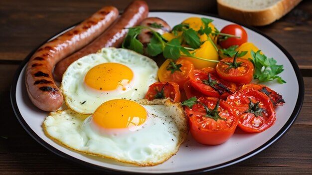 Foto di colazione e cena con salsicce fritte occhio di toro uova zucchine