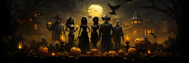 Foto di copertina del fondo dell'illustrazione dell'insegna della festa della zucca spettrale di notte di Halloween per i social media