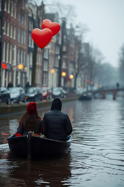 Foto di coppie che si godono un romantico giro in barca lungo i canali di Am Festival Holiday Concept