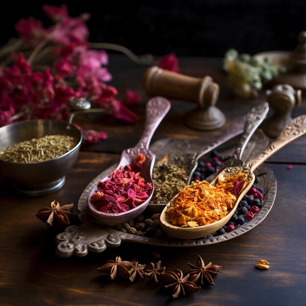 foto di Cucchiai pieni di spezie essiccate, semi di frutta ed erbe aromatiche nello stile di vivaci fiori