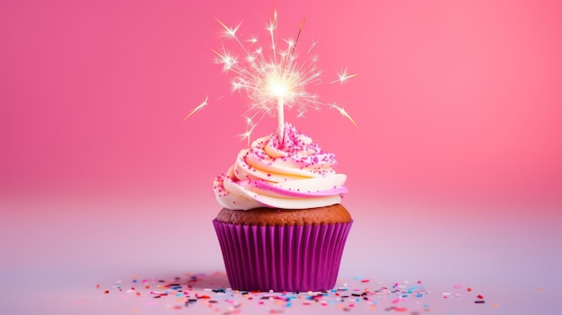 foto di cupcake in colore arcobaleno con sparkler isolato su sfondo rosa pastello con spazio per la copia