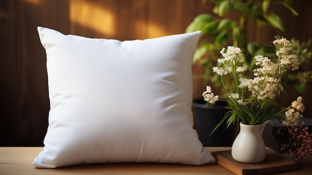 foto di cuscino bianco in ambiente in legno generativo ai