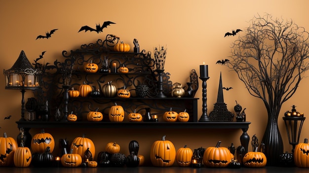 foto di decorazioni di halloween cestini di zucca cannucce di mais cannucce ragni pipistrelli fantasma