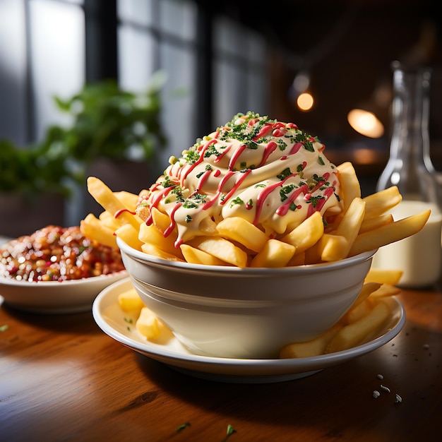 foto di deliziose patatine fritte con maionese da asporto