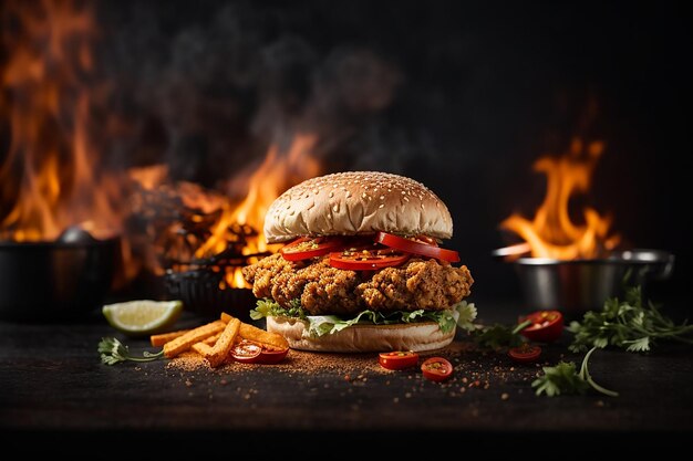 Foto di deliziosi annunci di hamburger di pollo fritto piccante con fuoco ardente su sfondo scuro