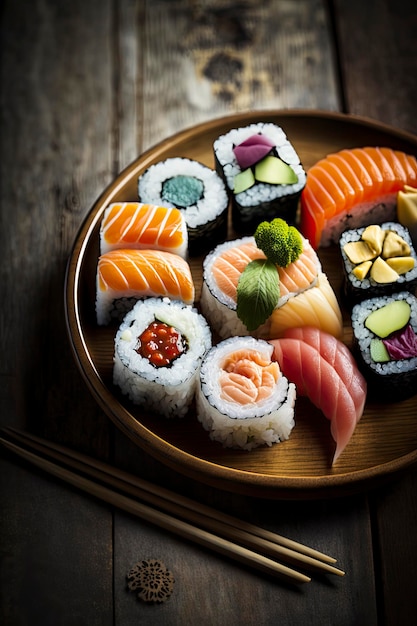 Foto di deliziosi sushi su un tavolo in legno rustico