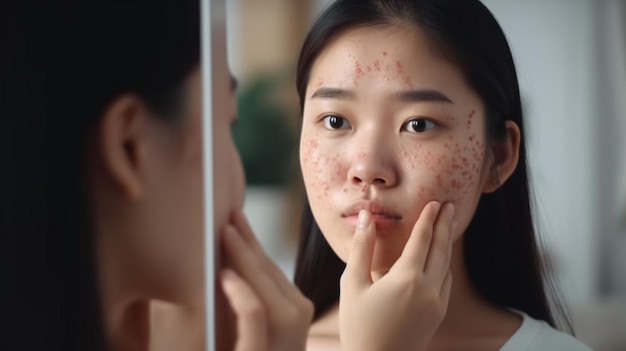 foto di dermatologia pubertà Ragazza giovane donna asiatica che sembra triste