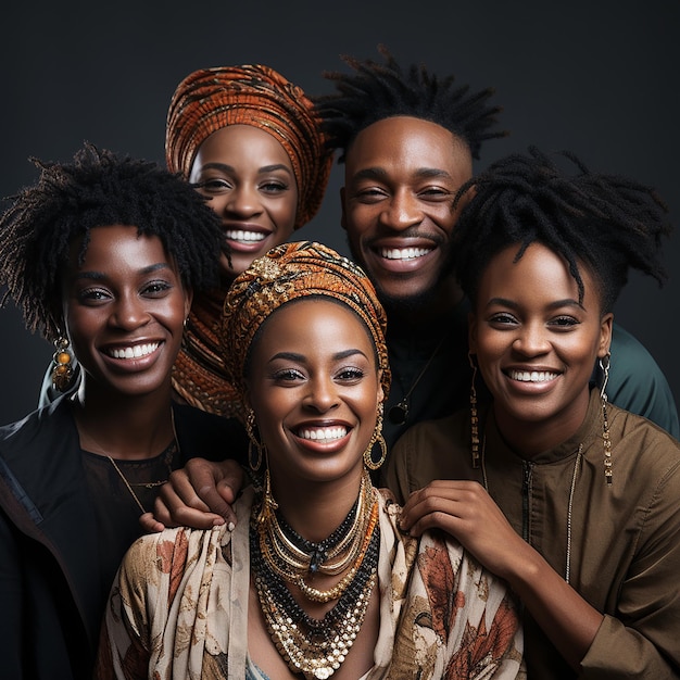 Foto di diversi africani neri dai capelli ricci con espressioni felici su uno sfondo bianco