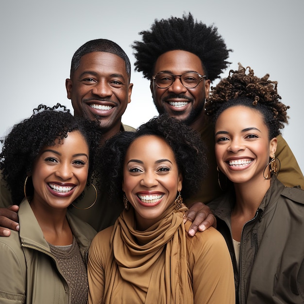 Foto di diversi africani neri dai capelli ricci con espressioni felici su uno sfondo bianco