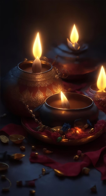 Foto di Diwali Diya Ornaments Lights AI generato sfondo scuro